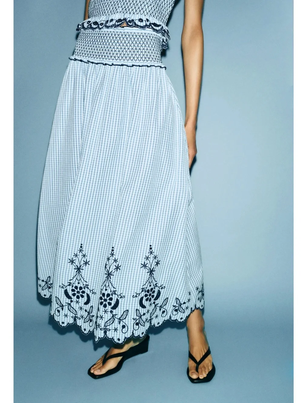 Zara Embroidered Plaid Midi Skirt featuring a smocked waist